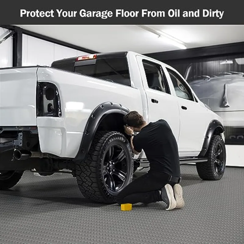 Heavy Duty Rubber Pad for Garage Flooring, Designed with Diamond Shaped Panels and Waterproof Properties