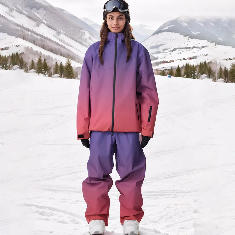 2025 New Gradient Color Women's Skiing Suit Single Board Wear Resistant Warm Clothing Waterproof Women's Loose Snow Clothing