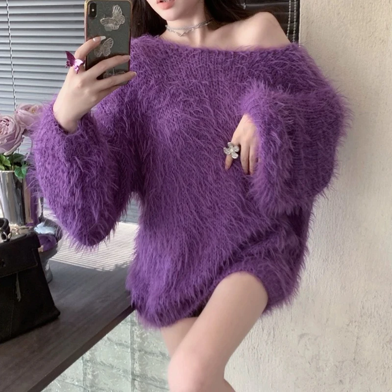 Elegant Women Fluffy Short Dress Autumn Winter Warm Lantern Long Sleeve Sweater Dresses Imitation Mink Velvet Long Sweaters