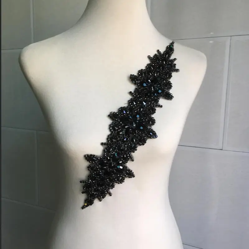 Gorgeous Black Glass Crystal Applique Long Strass Trims Sewing-on Rhinestone Fashion Garments Accessory DIY Hand Crafts