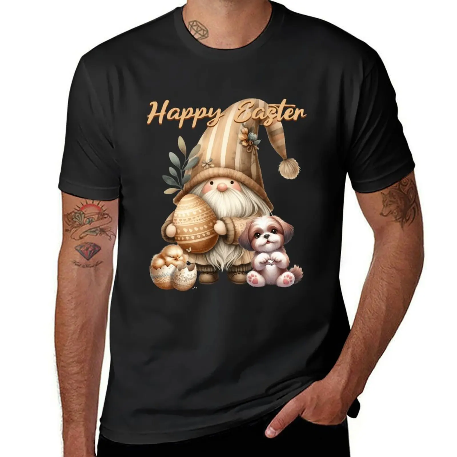 Happy Easter, cute gnome baby chick and shih tzu T-Shirt plus size tops blanks tshirts for men