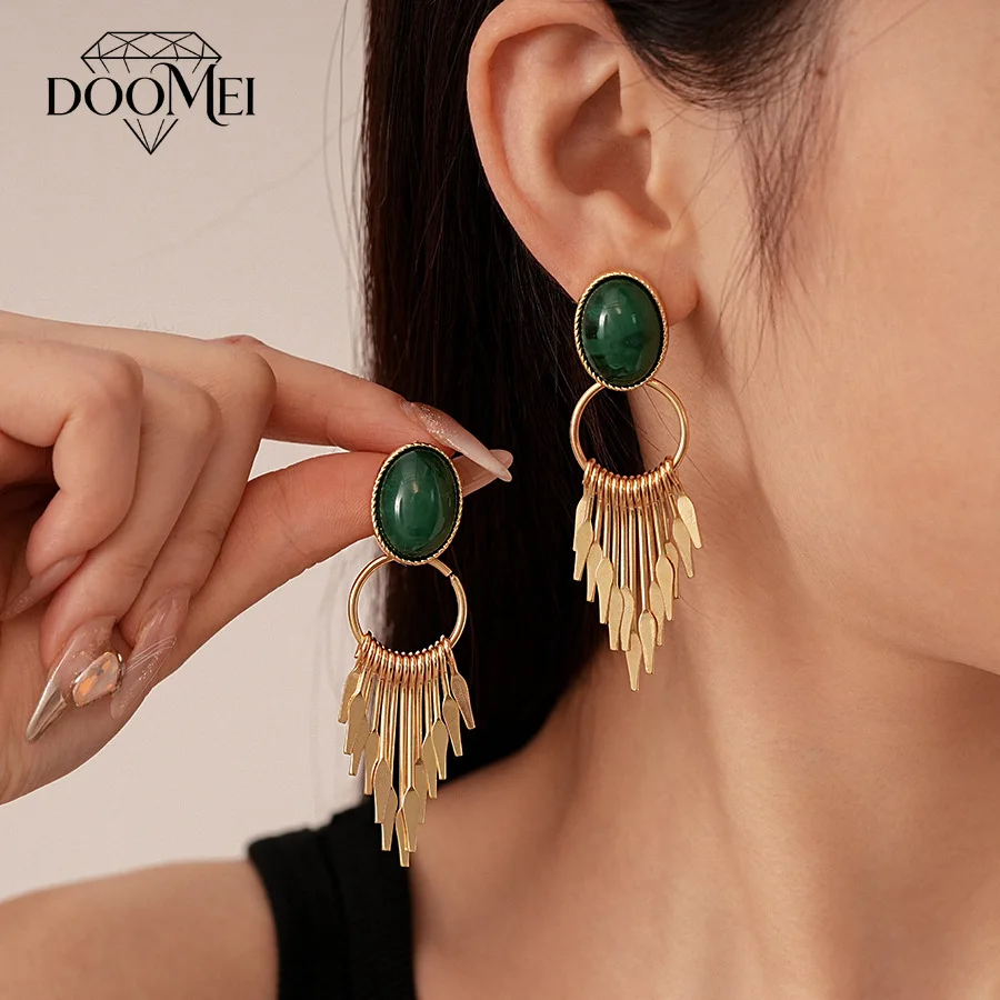 DOO MEI Vintage Green Resin Tassel Dangle Earrings for Women Bohemian Geometric Drop Earrings Daily Party Banquet Jewelry