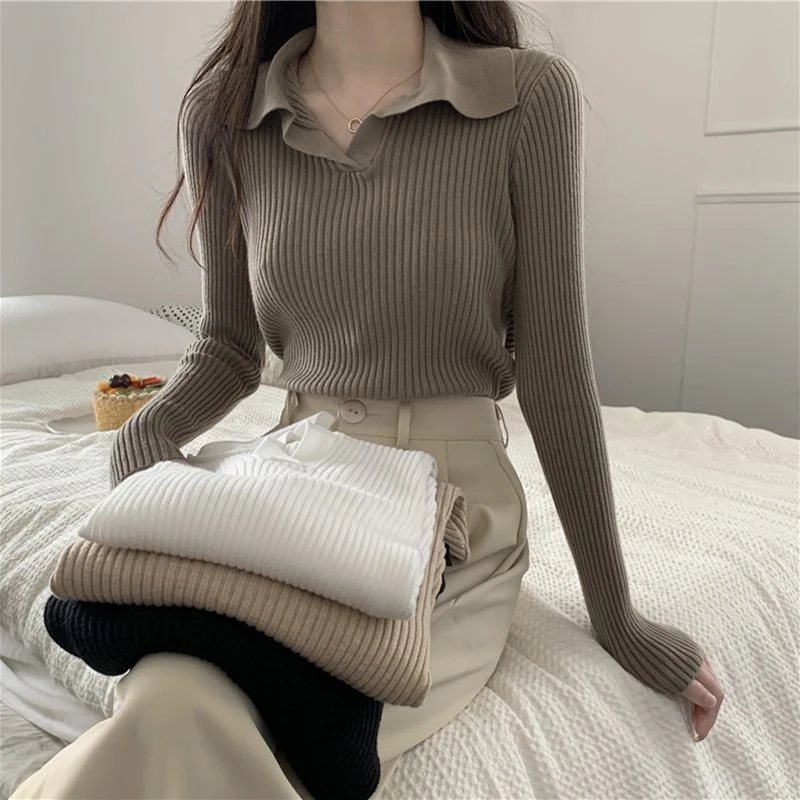 Korean Turn Down Collar Knitted Sweater Women 2025 Slim Fit Long Sleeve Pullovers Woman Basic All Match Solid Color Jersey Tops