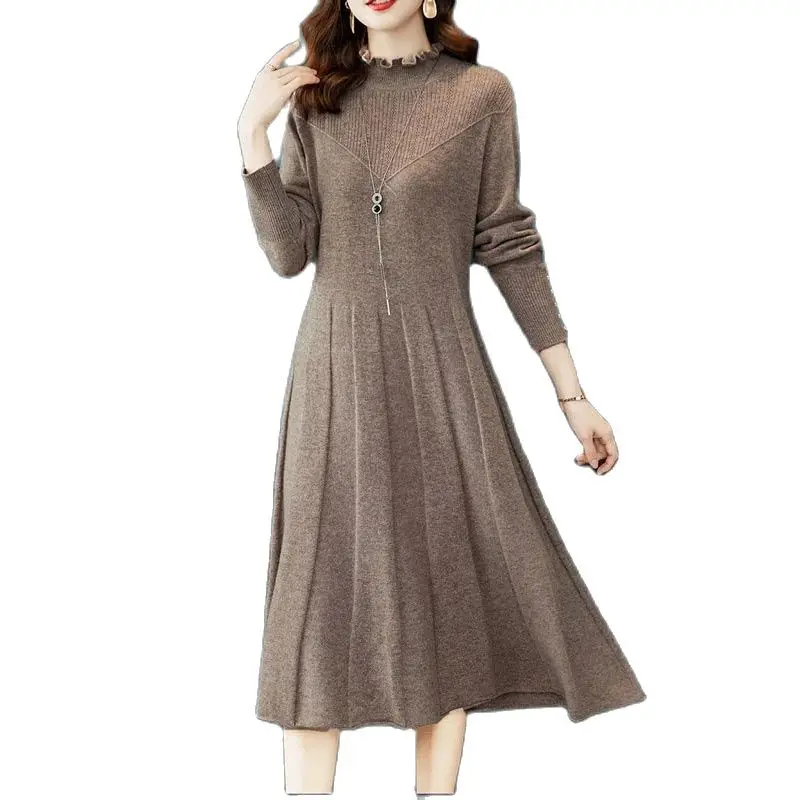 

Autumn Winter New Woolen Dress Women's Long Pullover Loose Over Knee Dress Versatile Elegant Knitwear Bottom Long V-Neck Dress