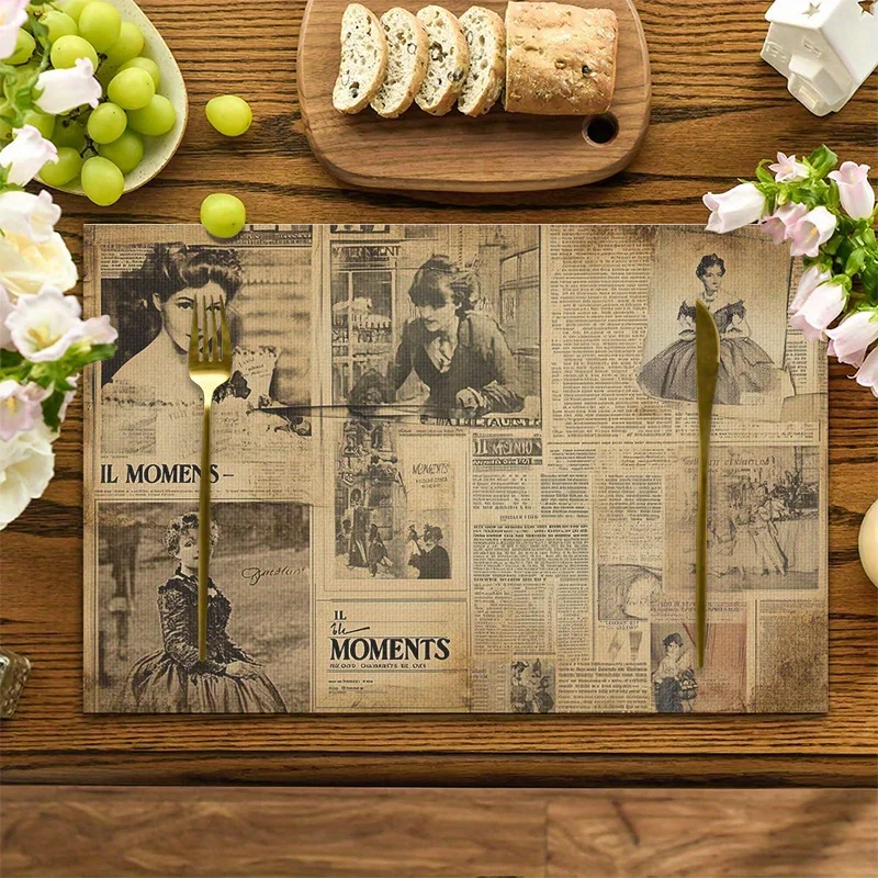 Retro French Newspaper Vintage Heat Resistant Washable Table Placemats Kitchen Dining Party Decor 4 Piece Set