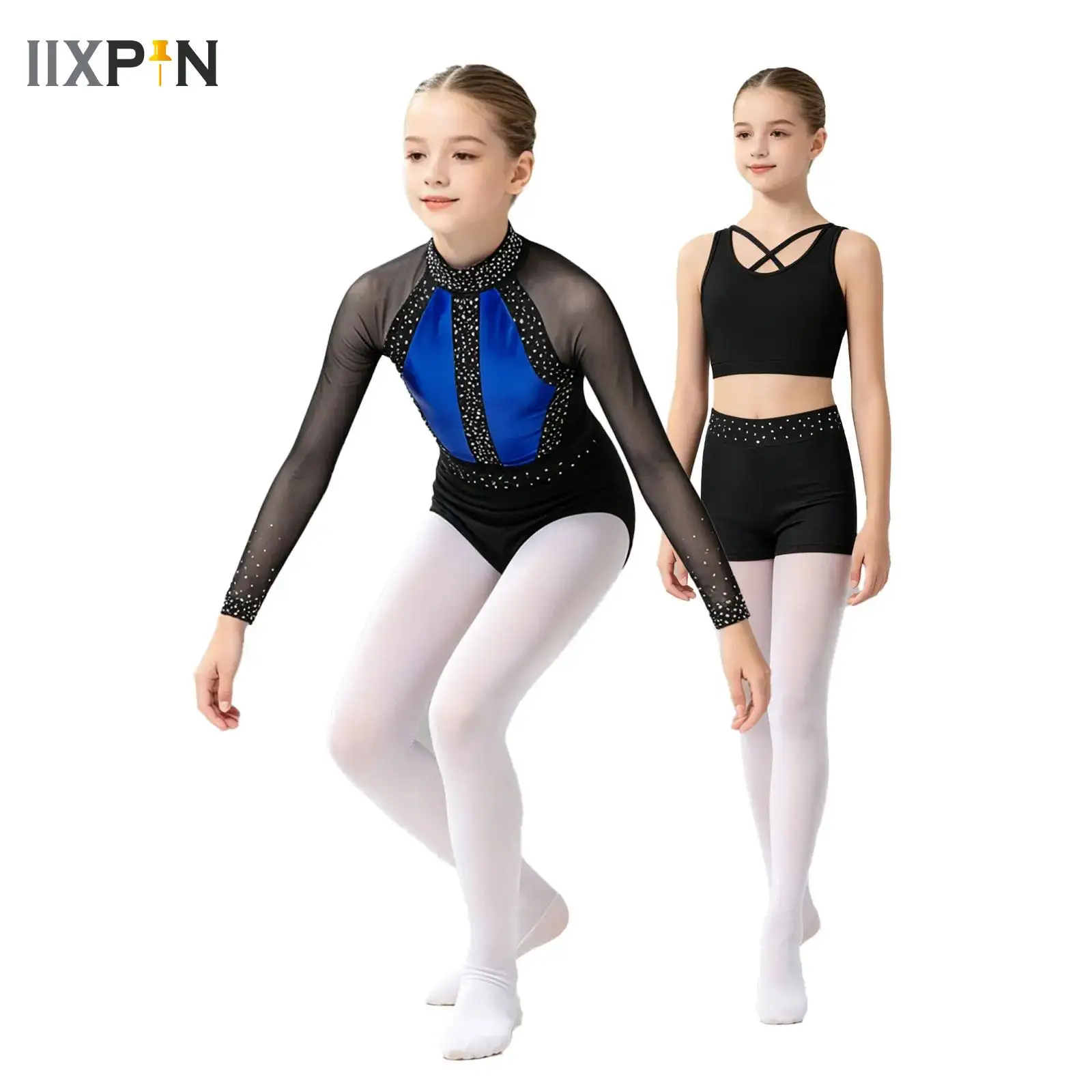 Girls Ballet Leotards Gymnastics Artistic Figure Skating Dance Costume Kids Shiny Rhinestones Jersey Unitards+Sports Shorts Vest