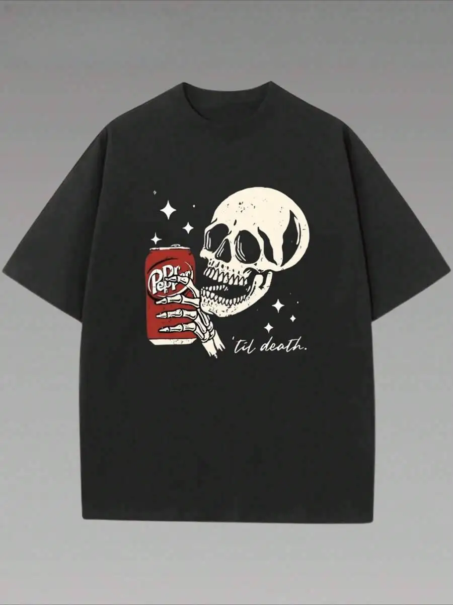 Till Death Vintage Drink Skull Women's T-Shirt 1 Pcs 220G Heavy T Shirt 100% Cotton Trendy Y2K Short-Sleeve Tee-Soft,