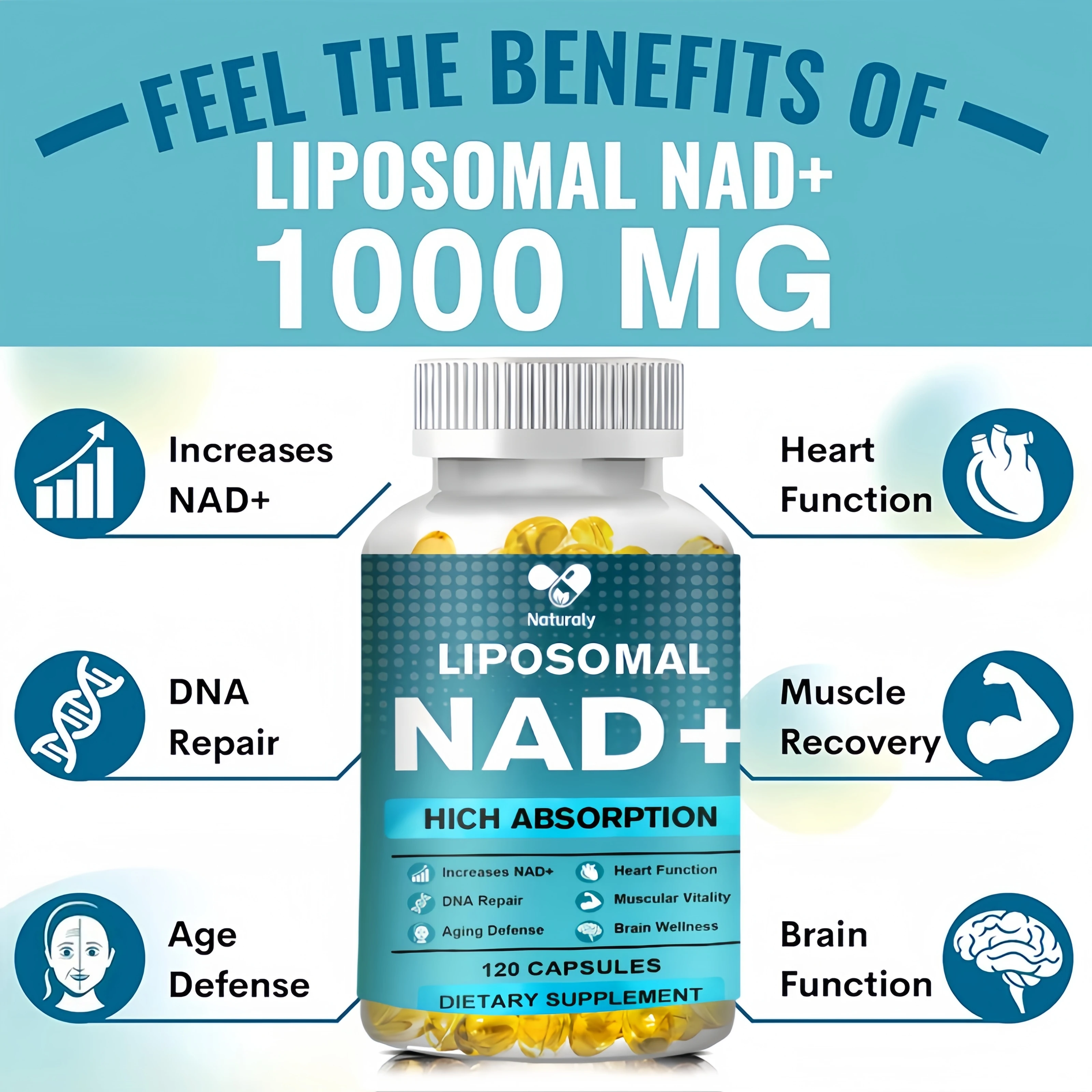 NAD Supplement, Liposomal NAD+ supplement - Aging Defense, Cellular Energy, Heart & Brain Function,Longevity, 120 Capsules