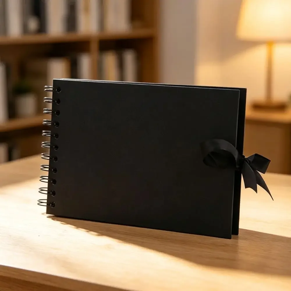 1/2pcs Ribbon Closure A5 Scrapbook Album, Blank Black Inner Pages Photo Book for DIY Journaling & Memory Collection YMY