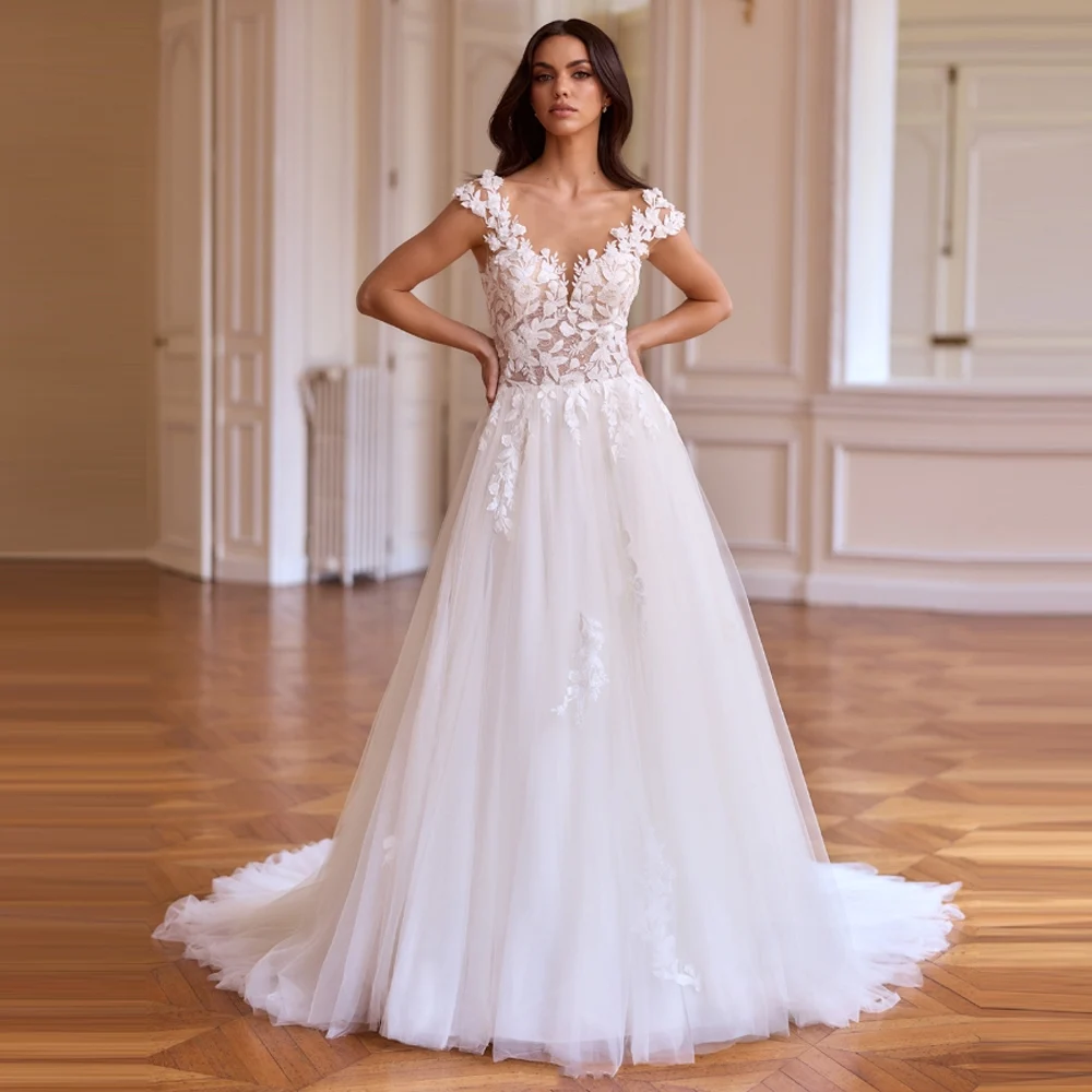 

2025 Sexy V-Neck Women Wedding Dresses Elegant Sleeveless A-Line Bridal Gowns Mopping Length Banquet Robes De Mariée Customized
