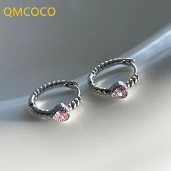 QMCOCO Silver Color Trendy Simple Pink Zircon Heart-Shape Earring Design Twist Geometric Delicate Earrings For Women Accessories