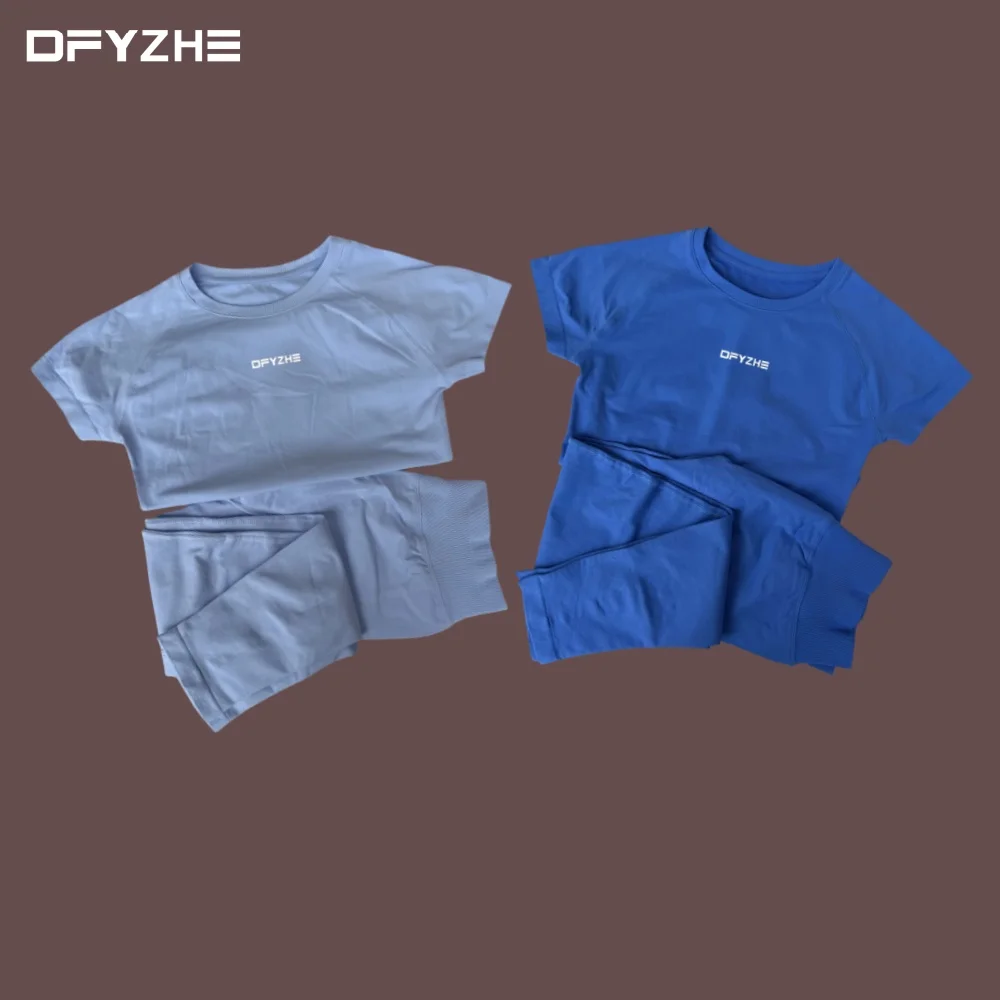 

DFYZHE Four Seasons Round Neck T-shirt+Pants Sports Set Yoga Tight Pants Fitness Boxing Running Short Sleeve Pants Two Piece Set