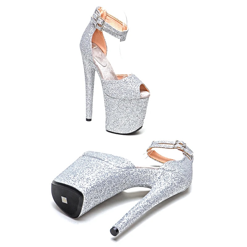 Leecabe 20cm/8inches glitter material silver color  platform high heel   sandals  pole dance shoes