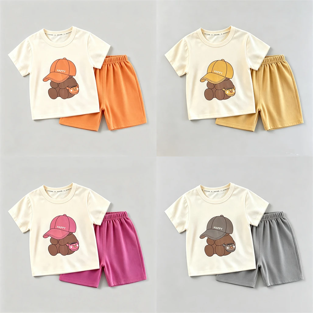 2 3 4 5 6Years Old Kids Short-sleeved Outfits Baby Round Neck Tees Loose Versatile Shorts Two Piece Set Summer Kids Costume
