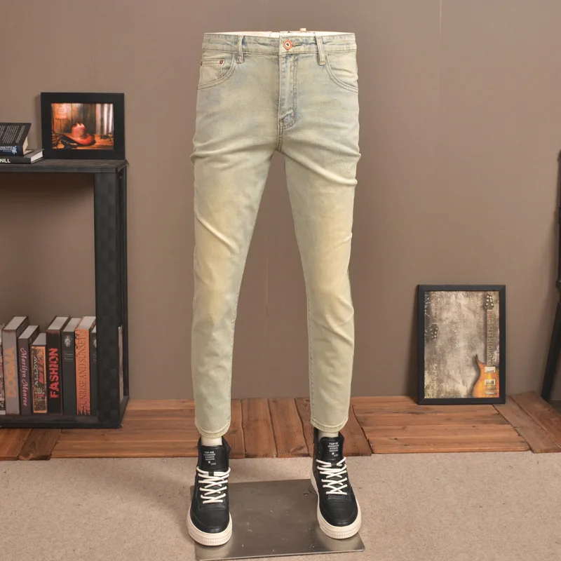 2023 Summer Thin Retro Nostalgic Cropped Jeans Men's Fashion Brand Stretch Slim Fit Skinny Yellow Mud Casual Men's Trousers