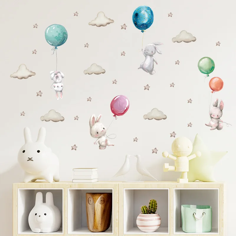 Pink Bunny Balloon Growth Chart Wall Stickers for Children Girls Baby Room Bedroom Decoration Height Measure Wallpaper Vinyl