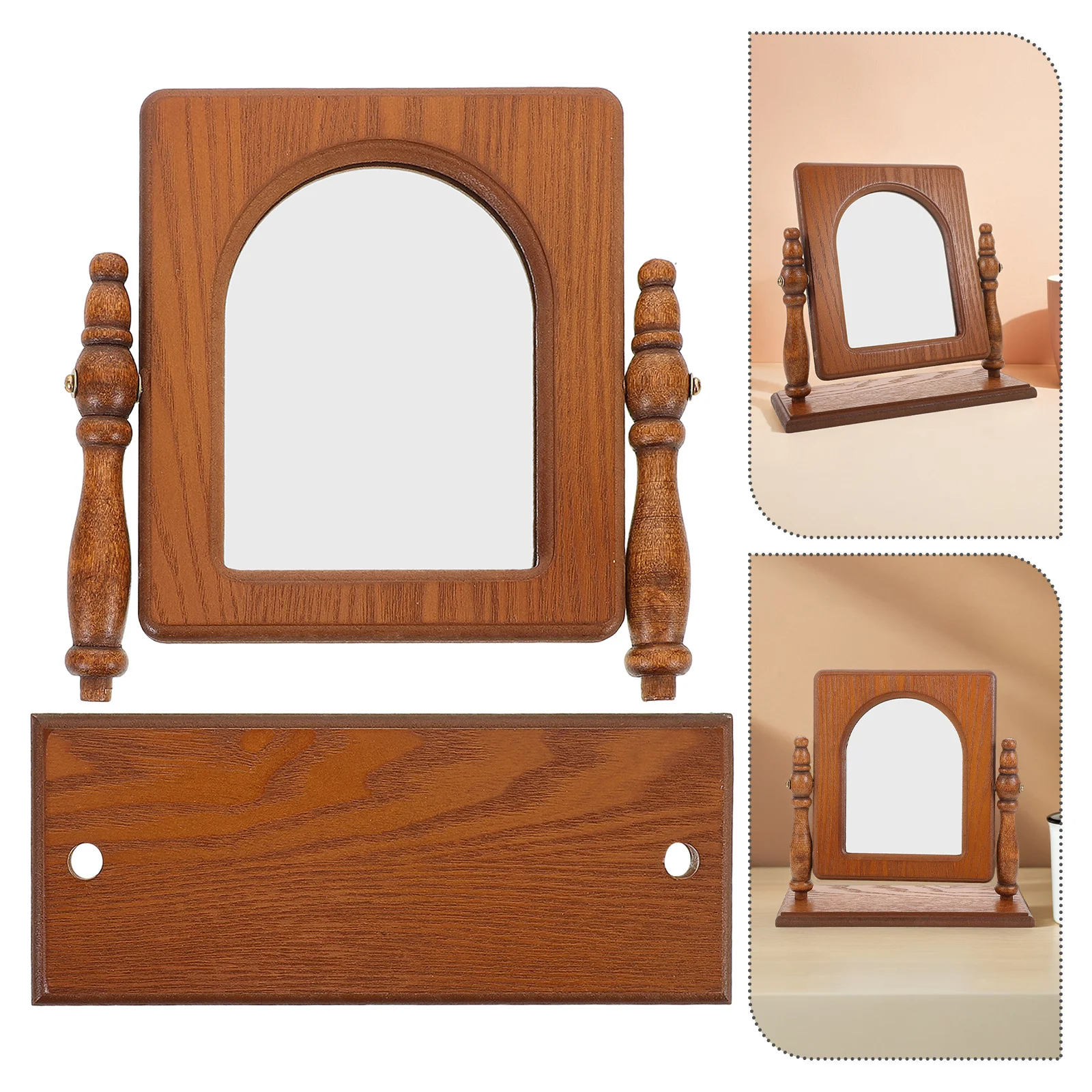 

Wooden Desktop Vanity Mirror Vintage Rustic Makeup Mirror Stable Table Stand Decorative for Bedroom Dressing Grooming Makeup