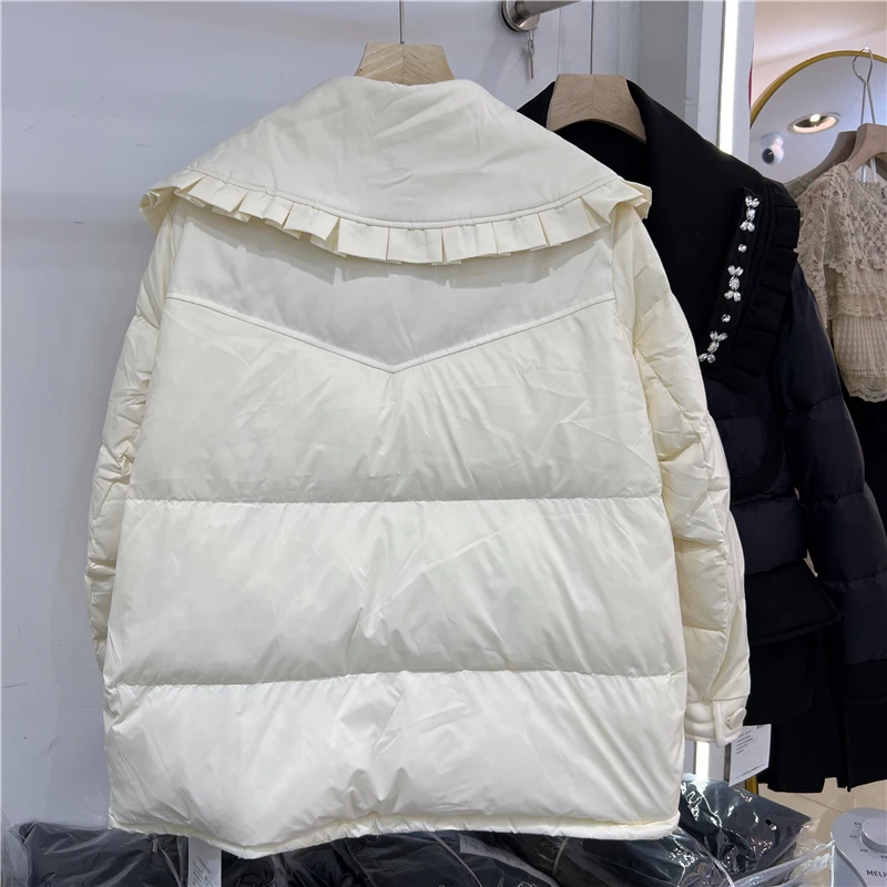 Korean Winter Women Short Down Jacket Crystal Ruffels Lapel Collar Thick Warm 90% White Duck Down Coat Ladies Casual Outerwear