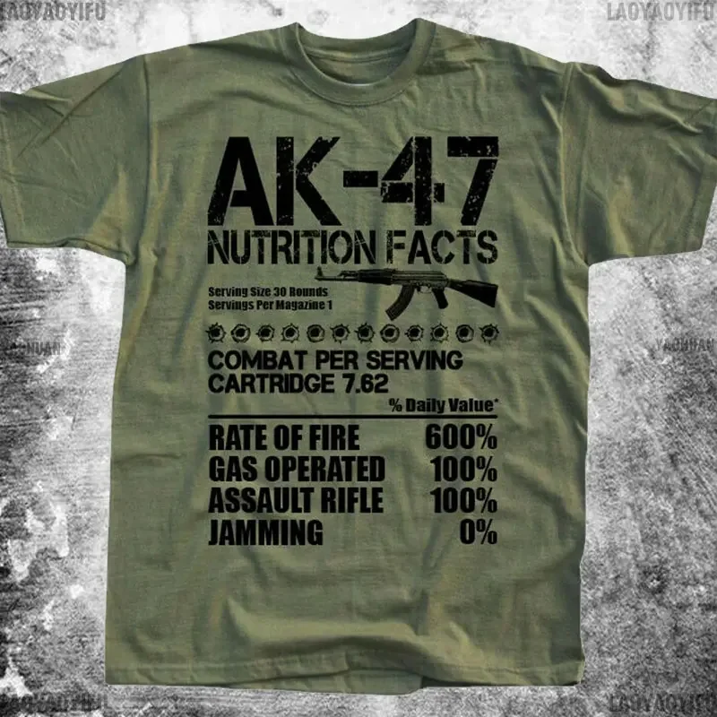 Unique Russian Kalashnikov AK47 Assault Rifle Nutrition Facts Graphic T Shirts Man Summer Cotton Short Sleeve O-Neck Men T Shirt