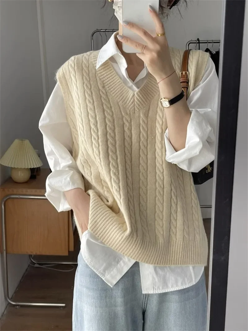 Sleeveless Sweater Vest Women Clothing Loose V Neck Pullover Jumpers Knitted High Street Solid Autumn Spliced Slight Strech