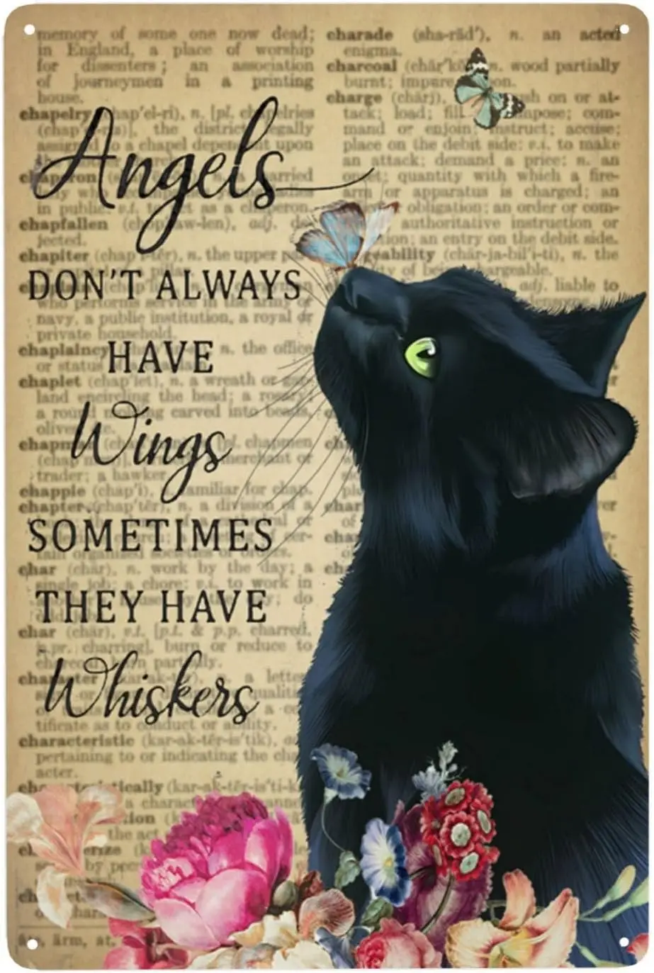 Angels Don't Always Have Wings Sometimes They Have Whiskers Metal Sign, Vintage Black Cat Wall Decor Art Unique Home Tin Sig