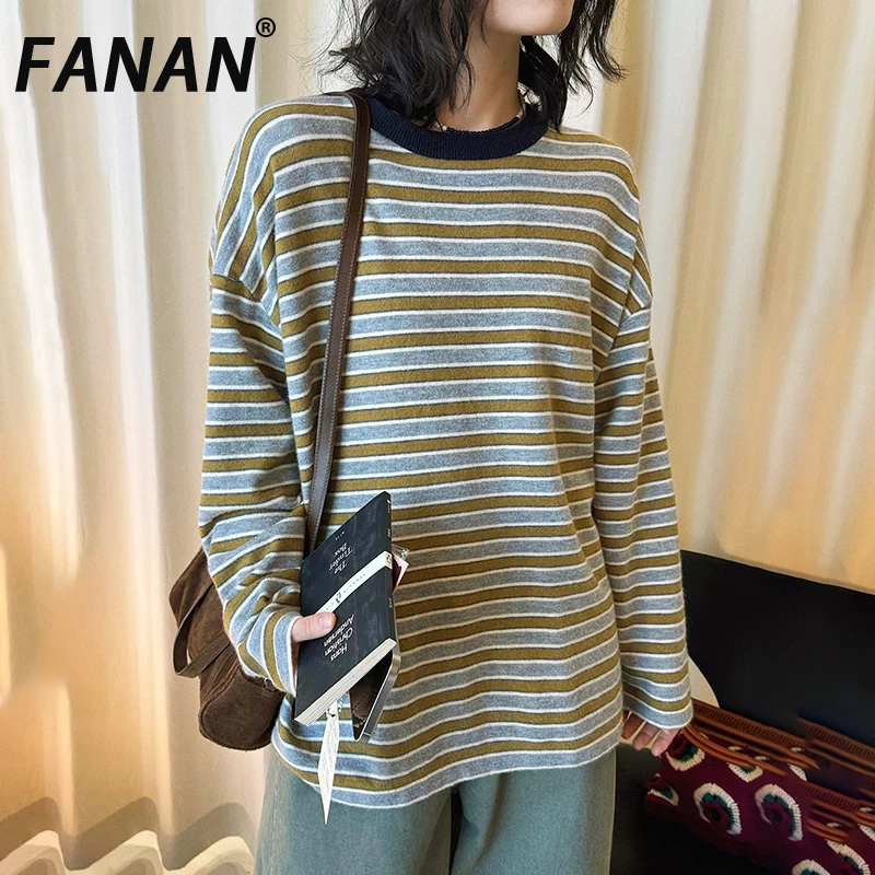

FANAN Korean Style Striped Contrast Color Long T-shirt For Women Round Neck Fashion Loose Female Clothing 2026 Spring New