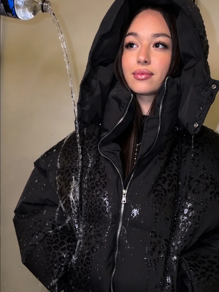 Women Leopard Print In Water Padded Jacket Chic Hooded Warm Zipper Casual Puff Cotton Coat 2026 New High Street Winter Jackets