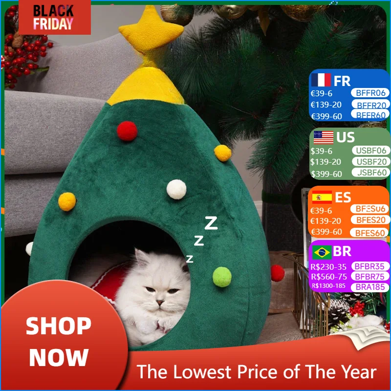 

Christmas Tree for Cats Bed Warm Comfortable Plush Pet Bed Cave Bed Shape Tree Cat Nest Detachable and Washable Pet Supplies