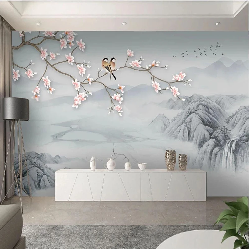Custom Mural Chinese Ink Landscape Wallpaper 3D Magnolia Flower And Bird Background Wall Decor Living Room Bedroom Study Murals