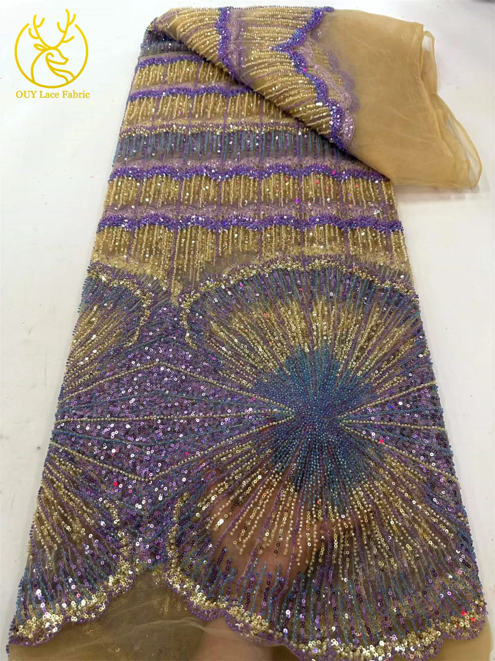 Luxuriöser Gold-Lila Afrikanischer Perlen-Pailletten-Spitzenstoff 5 Yards Exquisiter Französischer Nigerianischer Tüll-Spitzenstoff für Abendkleider und Hochzeitskleider – Detail 9