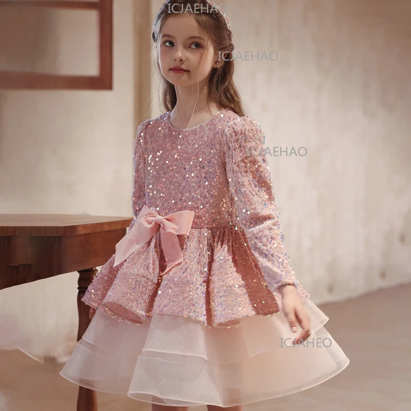 2026 Children Girls Pink Sweet Velvet Gown Elegant Costume Formal Dress Kids Host Piano Performance Pageant Party Outfit Evening