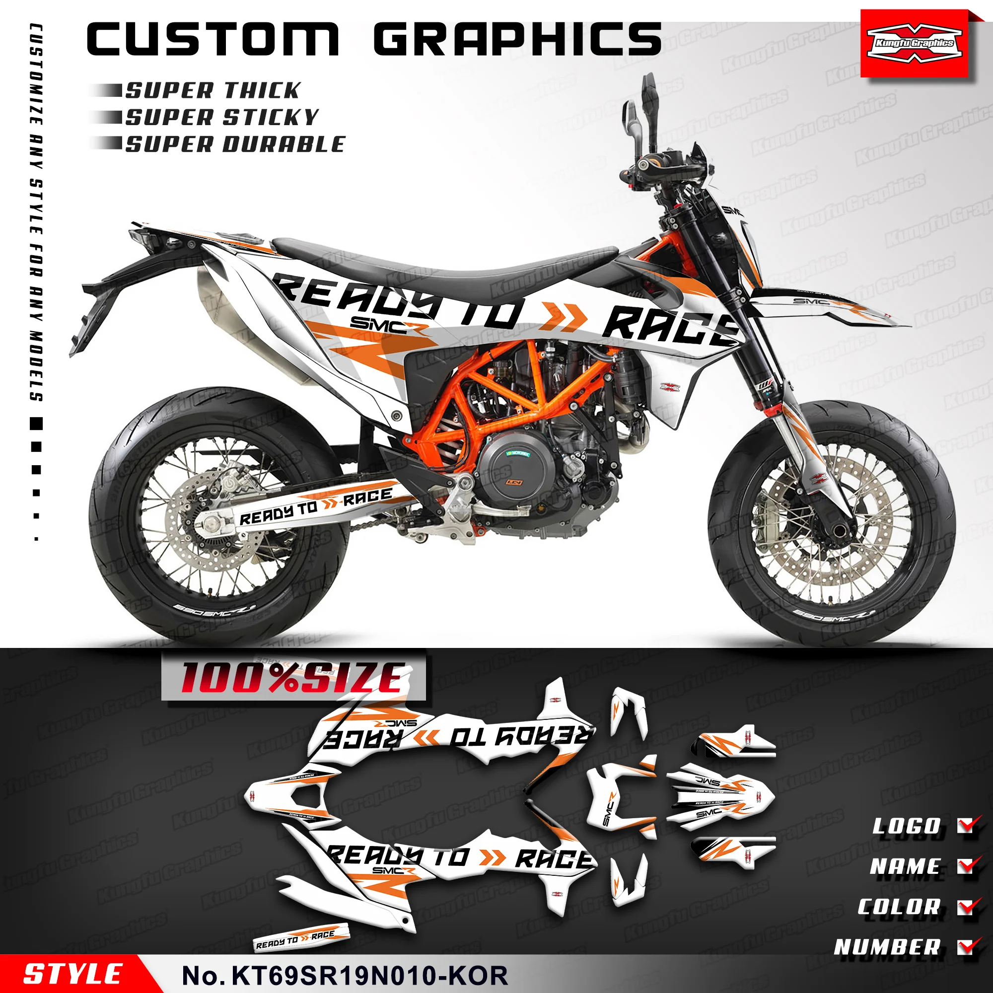 

KUNGFU GRAPHICS Racing Stickers Custom Full Vinyl Kit for KTM 690 Enduro R SMC-R 2019 2020 2021 2022, White, KT69ER19N001-KR