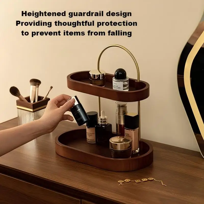 European-Style Double-Tiered Cosmetic Storage Rack with Golden Ironwood Display Stand Wooden Tray for Organization and Storage