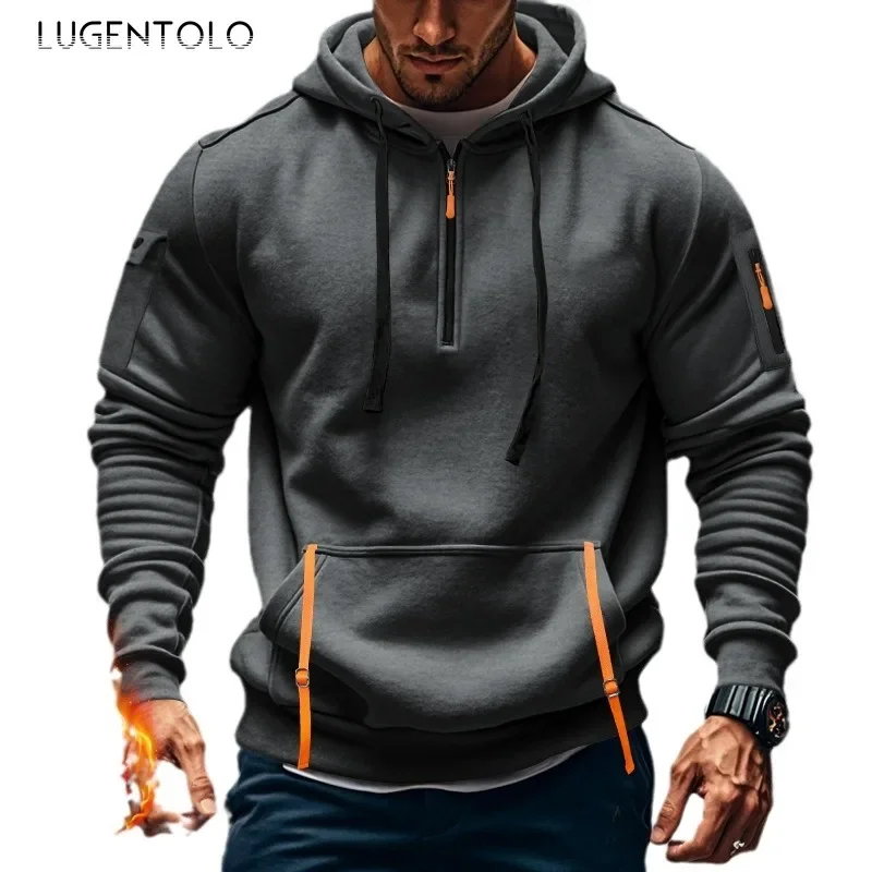 Men Fleece Hoodie Outdoor Solid Color Thickened Warm Loose Sweatshirt Fashion Zip Kangaroo Pocket Pullovers Casual Street Wear