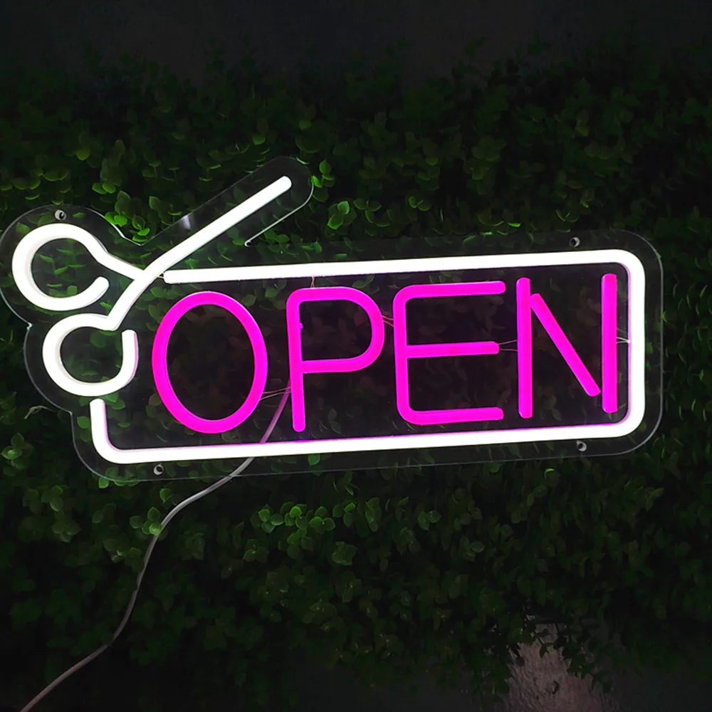 

Hair Cut Salon Open Neon Sign for Barbershop Scissors Wall Décor with Dimmable Switch LED Haircut Barber Business Signs Light