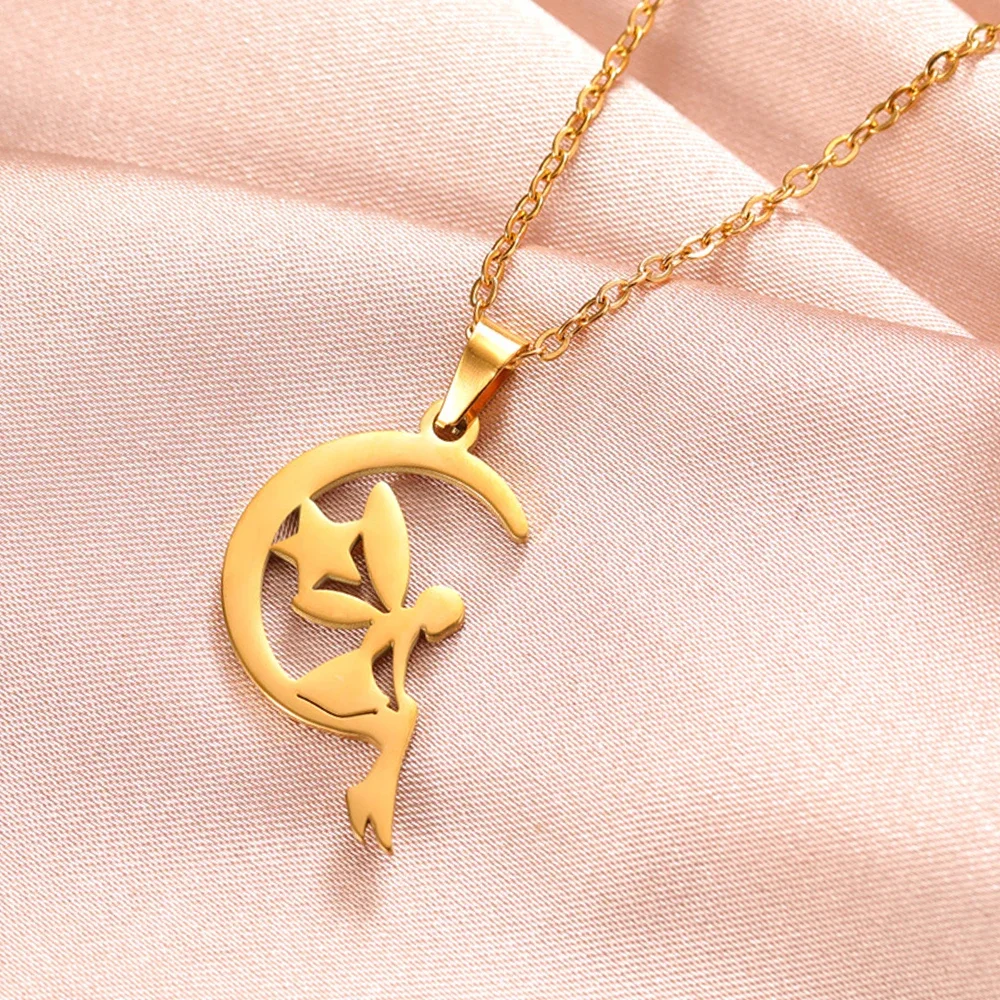 

My Shape Flower Fairy Elf Necklaces for Women Girls Stainless Steel Cute Angel Moon Star Pendant Necklace Christmas Jewelry Gift