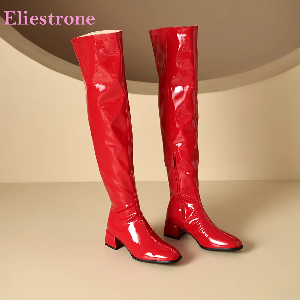 2025 nuevo invierno Glamour oro rojo mujeres sobre la rodilla botas altas tacones de bloque medio zapatos de señora más talla grande pequeña 11 32 44 46