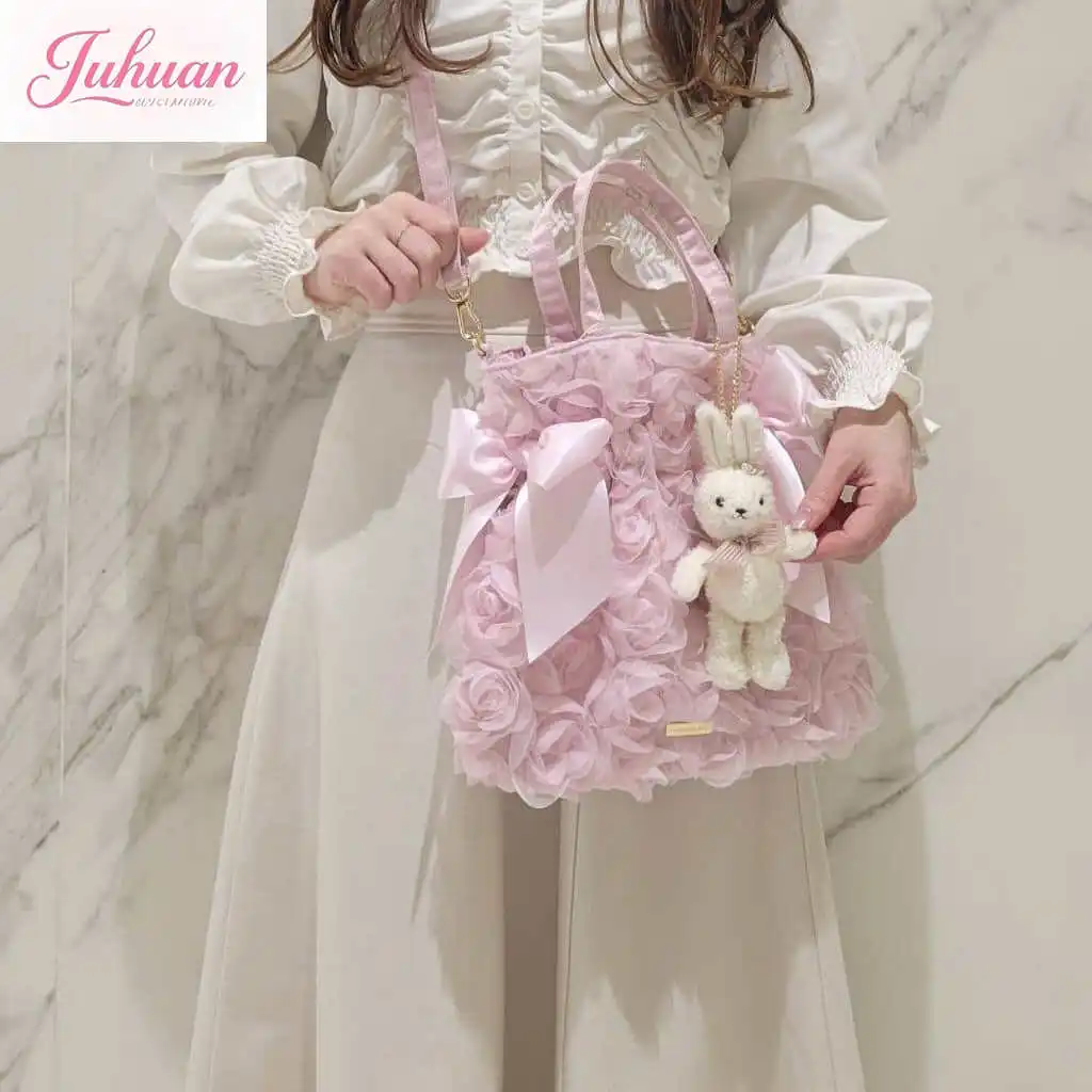 Cute Rose Mesh Yarn Portable Messenger Bag Pink Cream Bow Rabbit Ear Pendant Sweet Threedimensional Pleated Lace Girl Heart Gift