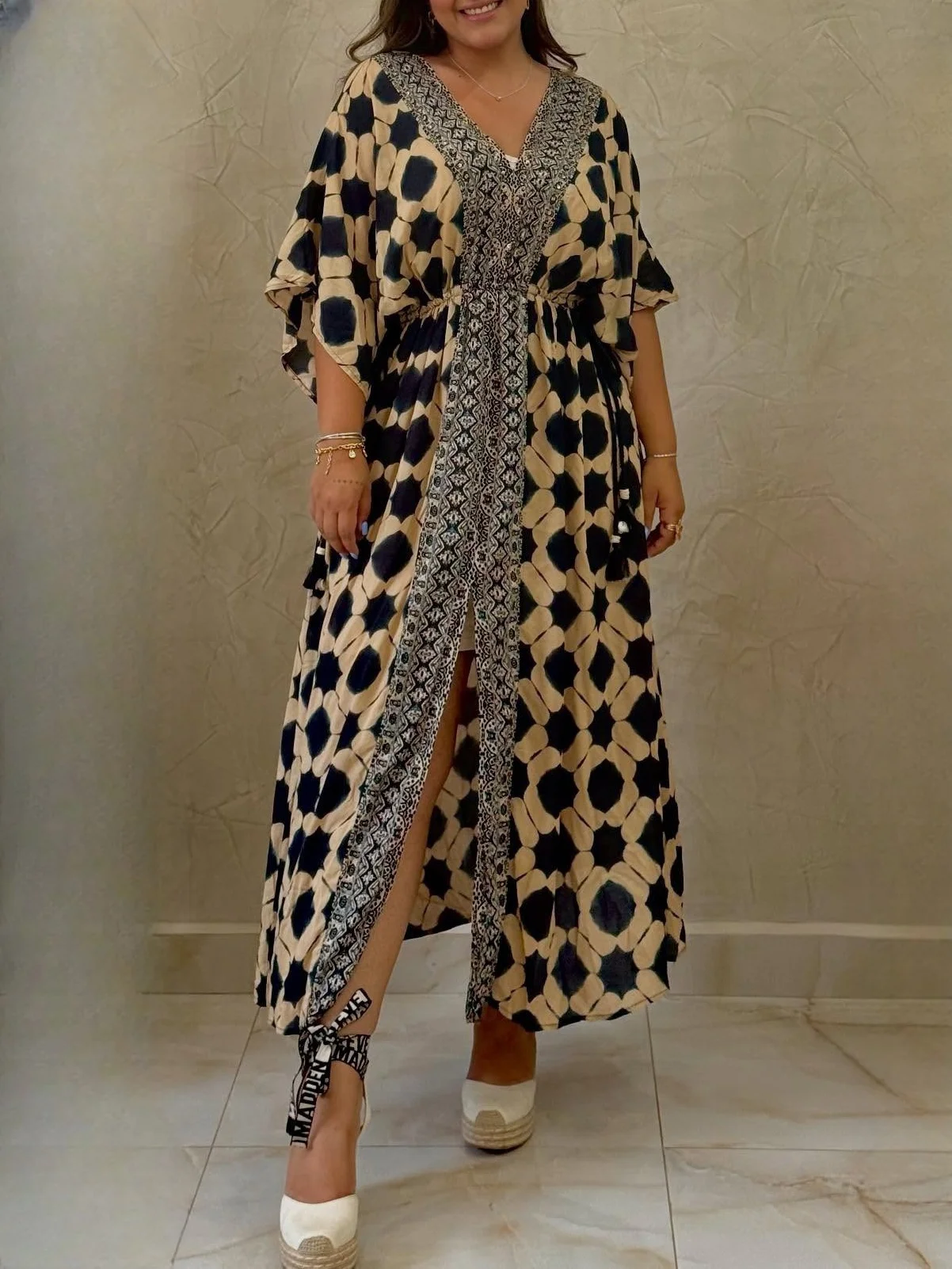 

Women's vintage dress 2025 summer new style bohemian print long sleeve mini dress robe style elegant and fashionable