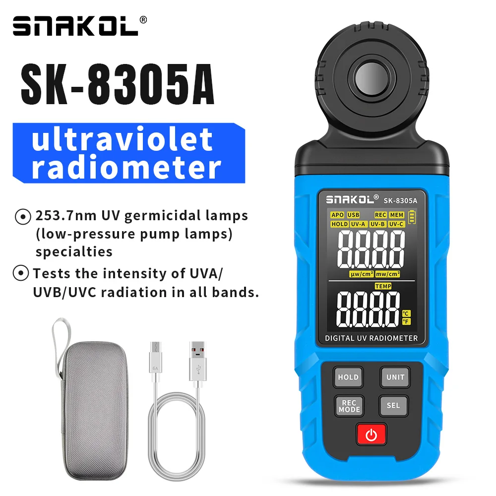 SNAKOL SK-8305A Digital UV Radiometer UVA UVB UVC Tester 253.7nm Germicidal Lamp Detector Type-C Rechargeable Data Storage