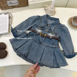 Girls Denim Dress Spring and Autumn New Retro Style Cowboy Dress Long Sleeve Pleated A-line Dress Kids Clothes
