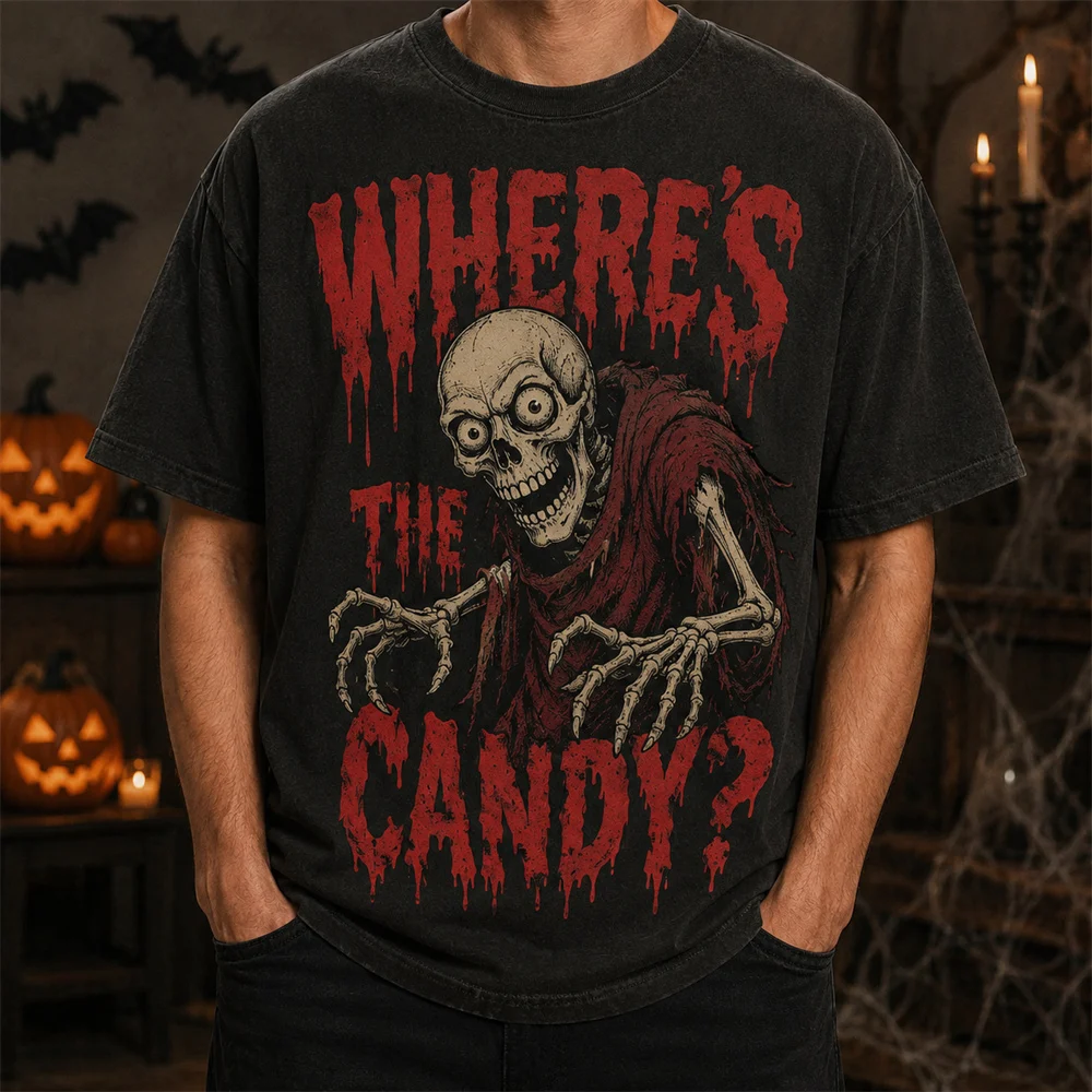 Halloween Skeleton T-shirt Men Vintage Pumpkin Candy 3D Print Tee Trick Or Treat Horror Skull Casual Streetwear Party Tee Top