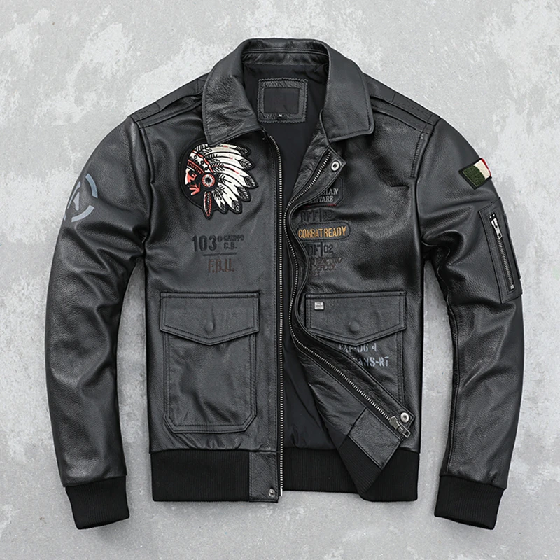 

Cowhide Air Force Flight Suit Genuine Leather Clothes Men's Indian Embroidery Pure Leather Jacket Handsome Fashion Coat