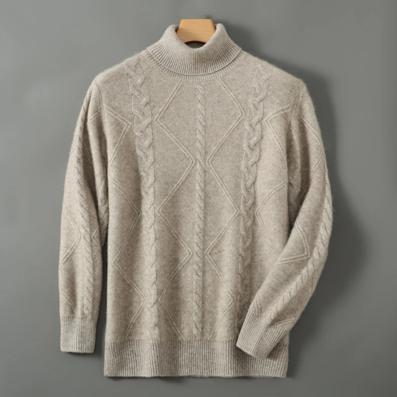 Autumn Winter Men Pure Wool Turtleneck Pullover Long Sleeve Cashmere Sweater 100% Merino Wool Knitwear Smart Casual Clothing