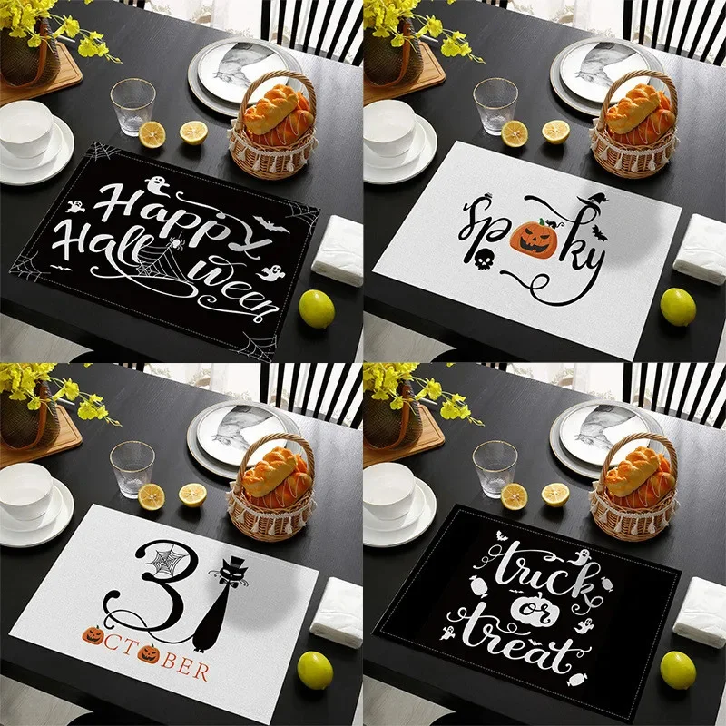 4Pcs Halloween Pumpkin Black Cat Placemats Festival Kitchen Cotton Linen Dinning Table Mats Bowl Coffee Cup Pads Mats Home Decor