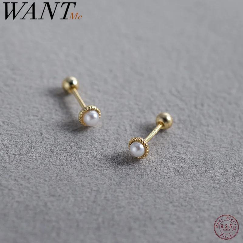 WANTME 925 Sterling Silver Fashion Lace Synthetic Pearl Screw Bead Stud Earrings for Women Charm Ear Bone Piercing Jewelry Gift