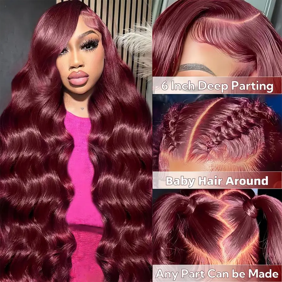 Wig Rambut Asli Burgundy 200 Density 99J Wig Rambut Asli Burgundy Lace Front 13x6 HD Lace Front Wig Merah Anggur Model Body Wave Lace