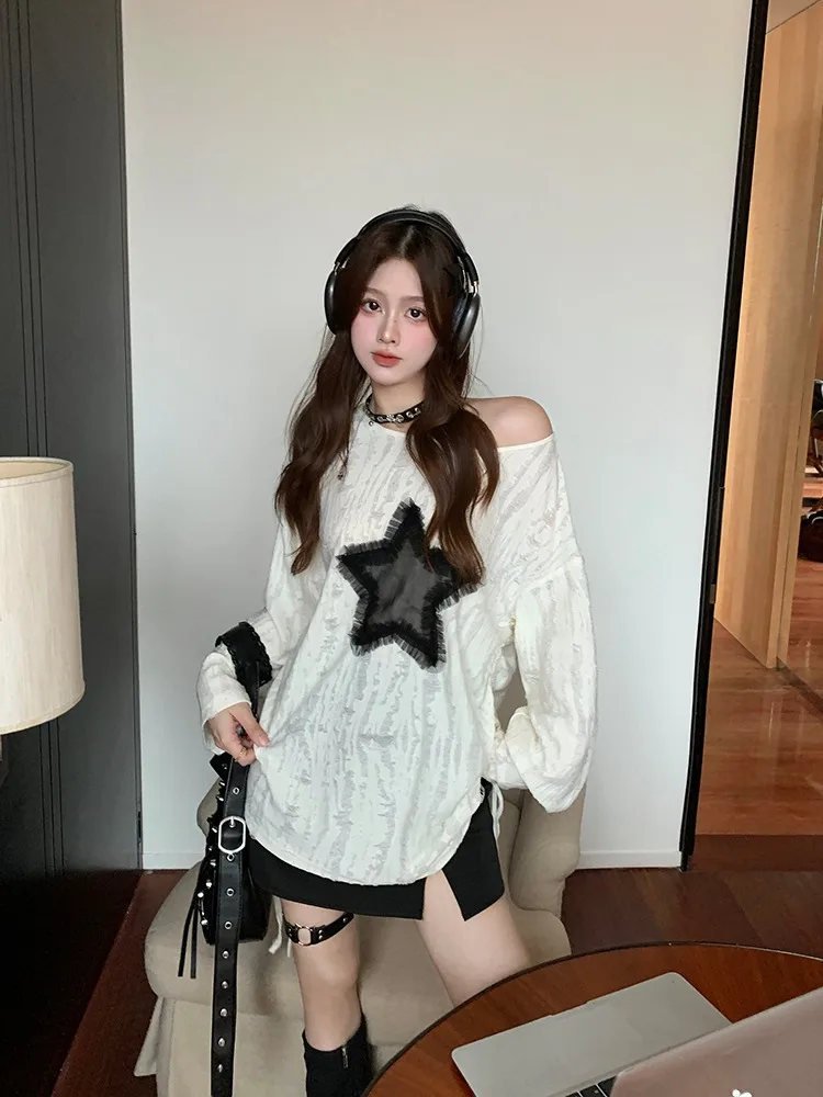 Y2k hoodies feminino gola inclinada sexy fora do ombro estrela de cinco pontas impresso casual manga longa outono nicho high street vintage