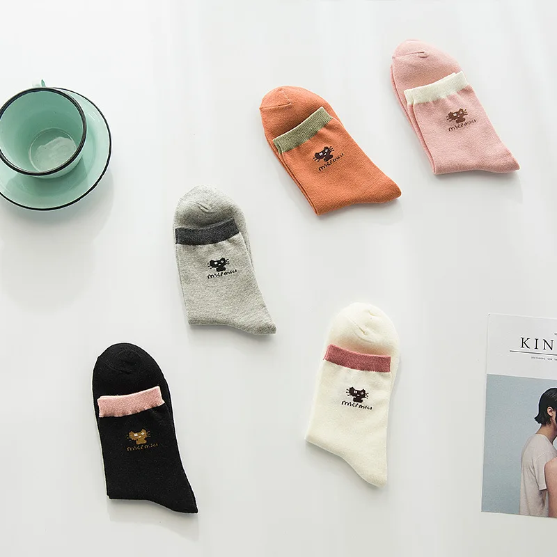 HSS Brand Women Cotton Socks Thin Spring Summer Simple Pink Cat Socks 5Pairs/Lot Fashion Kitten For Girls Students EU36-41