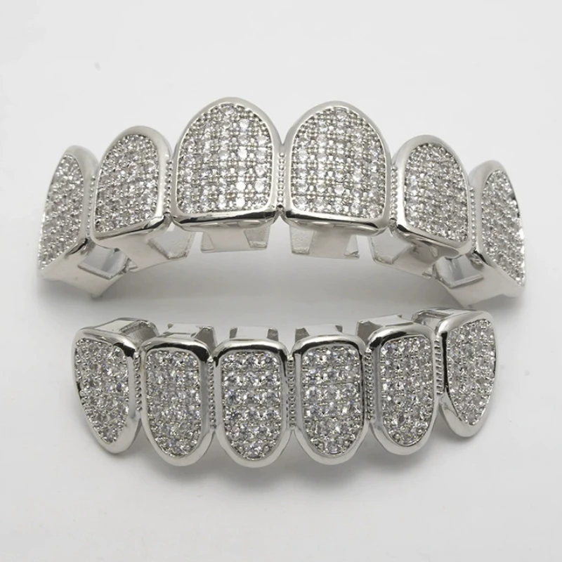 Juego de dientes HipHop CZ para Unisex, boca superior inferior, Color dorado y plateado, tapa Dental extraíble, joyería de moda Dental
